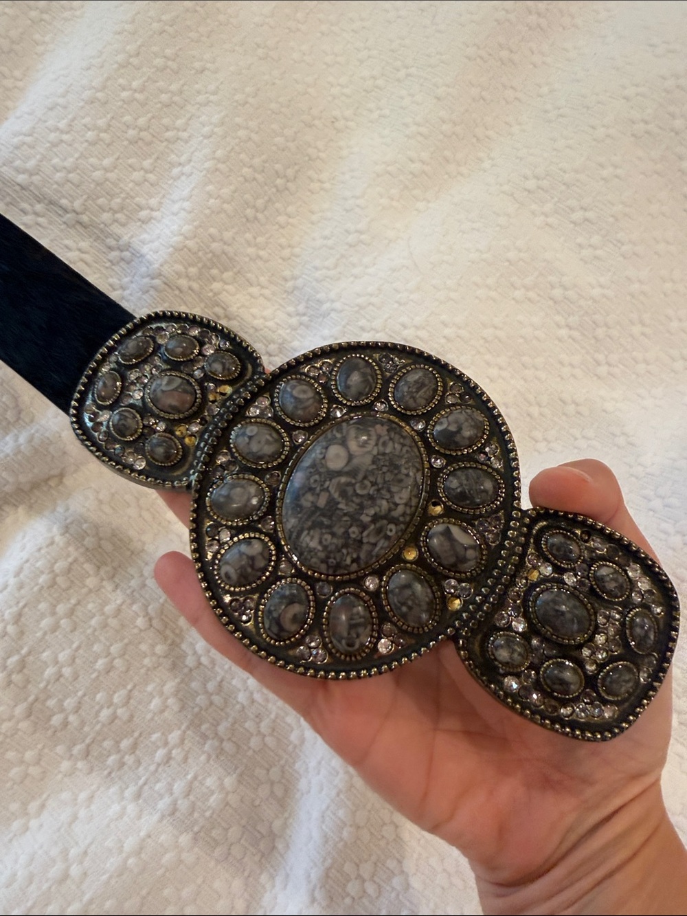 Vintage WCM Y2K Hair-On Hide Leather Belt Oversized Jeweled Western Buckle.